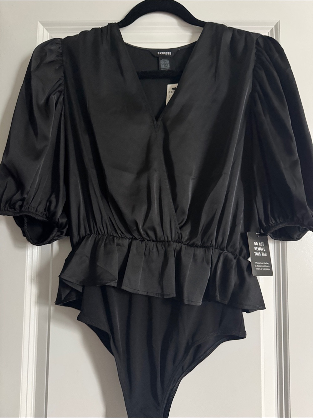 Express Black Satin Puff-Sleeve Peplum Surplice Bodysuit